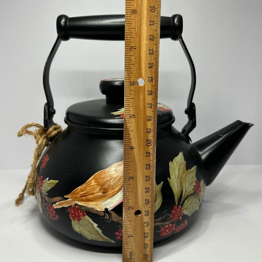 Hand Painted Matte‎ Black Tea Kettle Bird and Red Berries Decorative Farmhouse